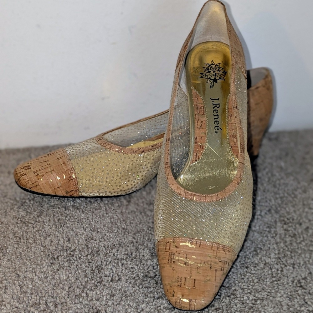 J. Renee Vana Gold Mesh Rhinestone Cork Block Heel Pumps Womens 11M NEW